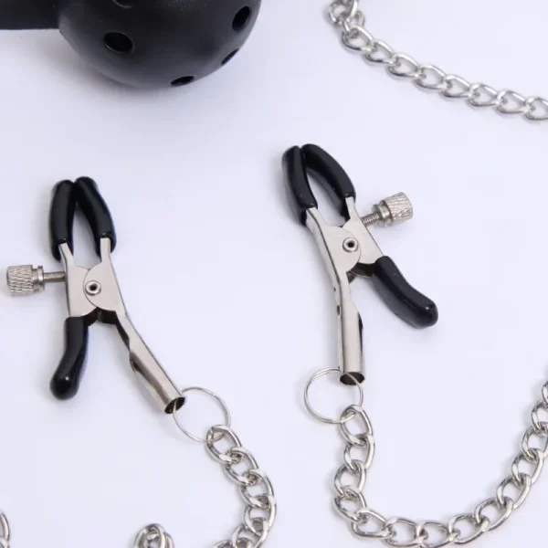 Erotic Toy PU Leather Mouth Gag Ball Oral Sex with Chain Clip Breast Nipple Clamps Fetish Bondage Harness Sex Toys Adult Games - Image 3