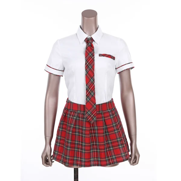 Women Girls Cosplay Costume School Uniform Short Sleeve Shirt with Plaid Skirt for Halloween Role Play Party Photography - Image 3