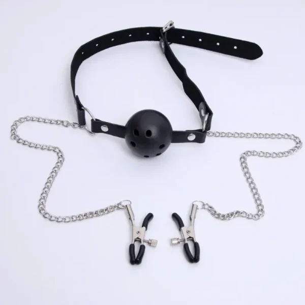 Erotic Toy PU Leather Mouth Gag Ball Oral Sex with Chain Clip Breast Nipple Clamps Fetish Bondage Harness Sex Toys Adult Games - Image 2