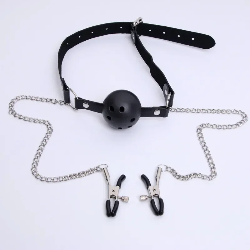 Erotic Toy PU Leather Mouth Gag Ball Oral Sex with Chain Clip Breast Nipple Clamps Fetish Bondage Harness Sex Toys Adult Games