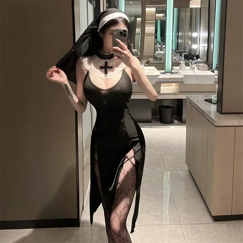 Sexy Nun Cosplay Halloween Costume Kawaii Lace Lingerie Clothing Anime Goth RolePlay Outfit Woman Vintage High Slit Dress Suit