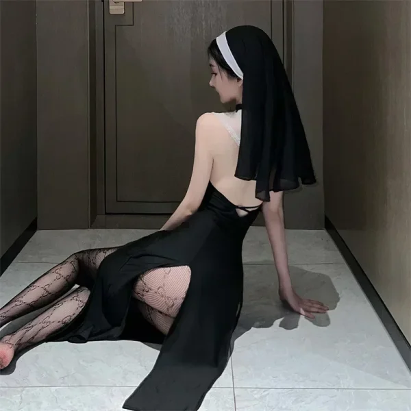 Sexy Nun Cosplay Halloween Costume Kawaii Lace Lingerie Clothing Anime Goth RolePlay Outfit Woman Vintage High Slit Dress Suit - Image 5