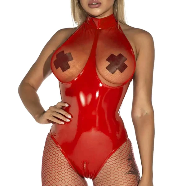 PU Patent Leather Bodysuits Sex Bodystocking Zipper Open Crotch Body Suit Women Sexy Lingerie Costumes Teddy Babydoll Bodysuit