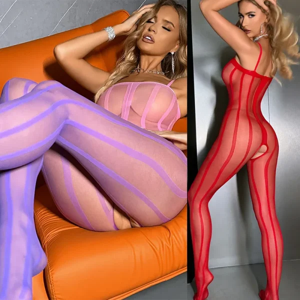 New Striped Open Crotch Bodystockings Women Sexy Lingerie Erotic Bodysuit Fancy Underwear Black Stockings Sex Set Porn Pajamas