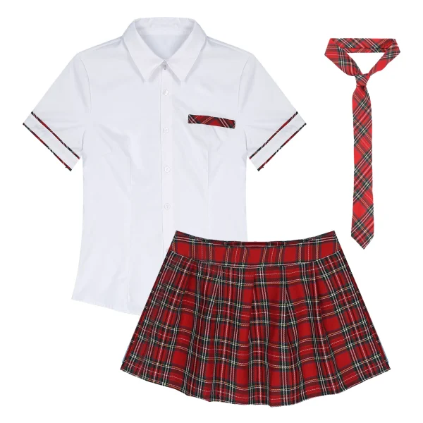 Women Girls Cosplay Costume School Uniform Short Sleeve Shirt with Plaid Skirt for Halloween Role Play Party Photography - Image 5