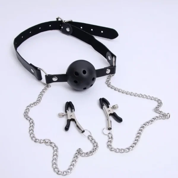 Erotic Toy PU Leather Mouth Gag Ball Oral Sex with Chain Clip Breast Nipple Clamps Fetish Bondage Harness Sex Toys Adult Games